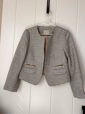 LOFT Cream and Black Striped Cropped Blazer